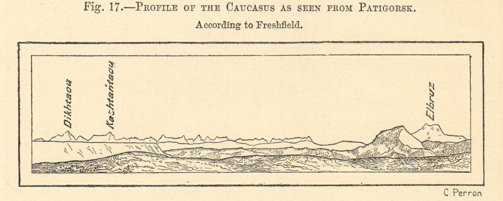 Caucasus profile from Pyatigorsk, Russia. Mount Elbrus. Section. SMALL 1885
